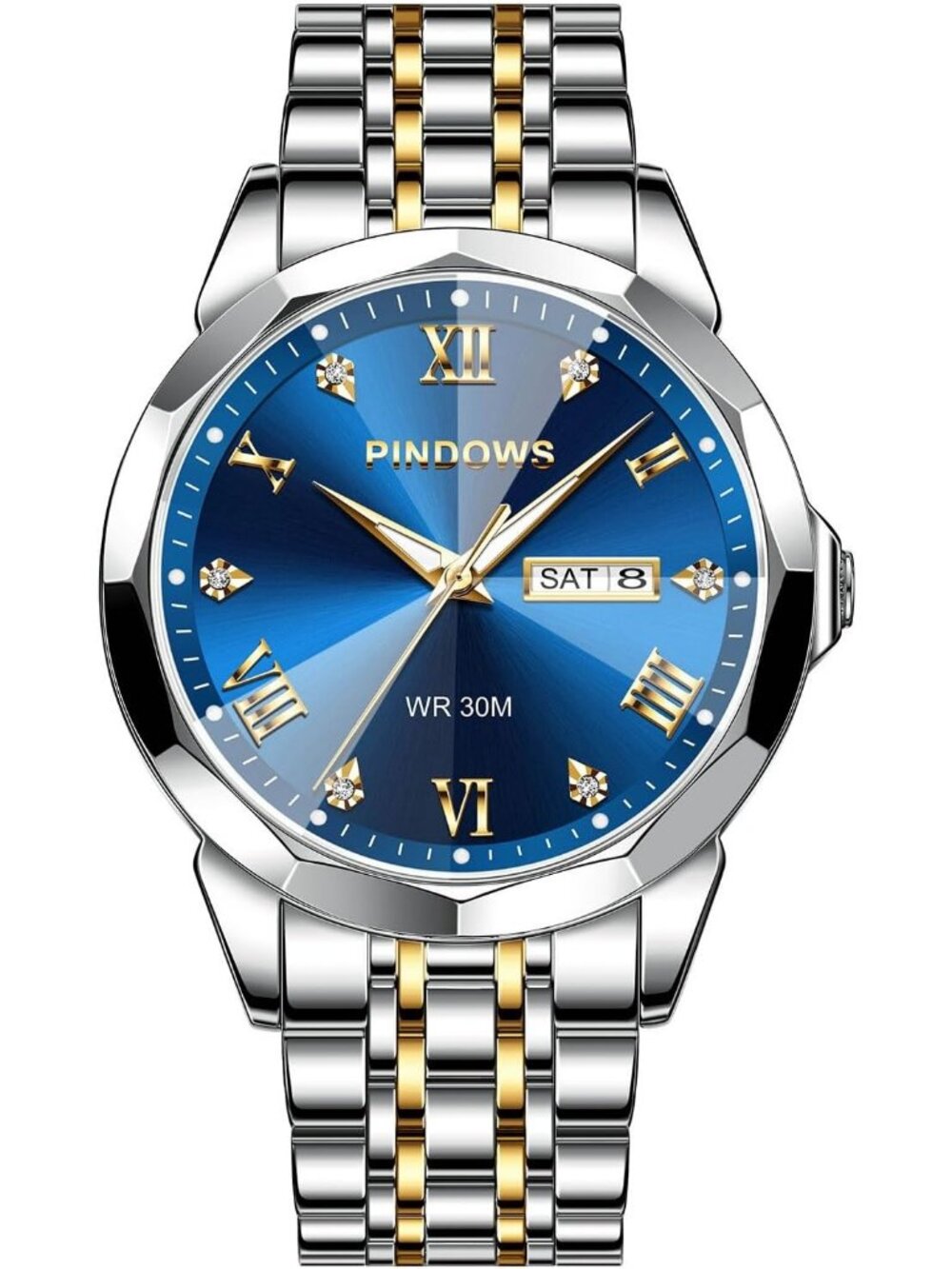 Men's Blue Gold Silver Classic Quartz Watch Stainless Steel Diamond Dial Watch